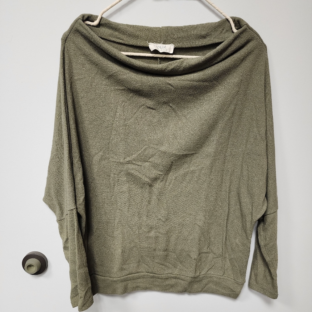 Olive green Loose fitting off the shoulder sweater with tapered sleeves